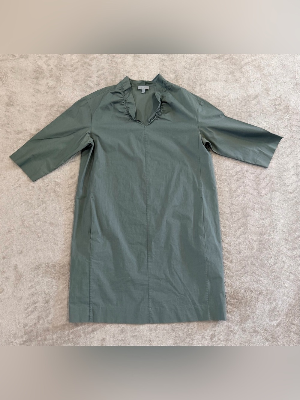 COS Sage Green Ruffled Effortless V-Neck Pocket Midi Dress Size 10 Corpcore